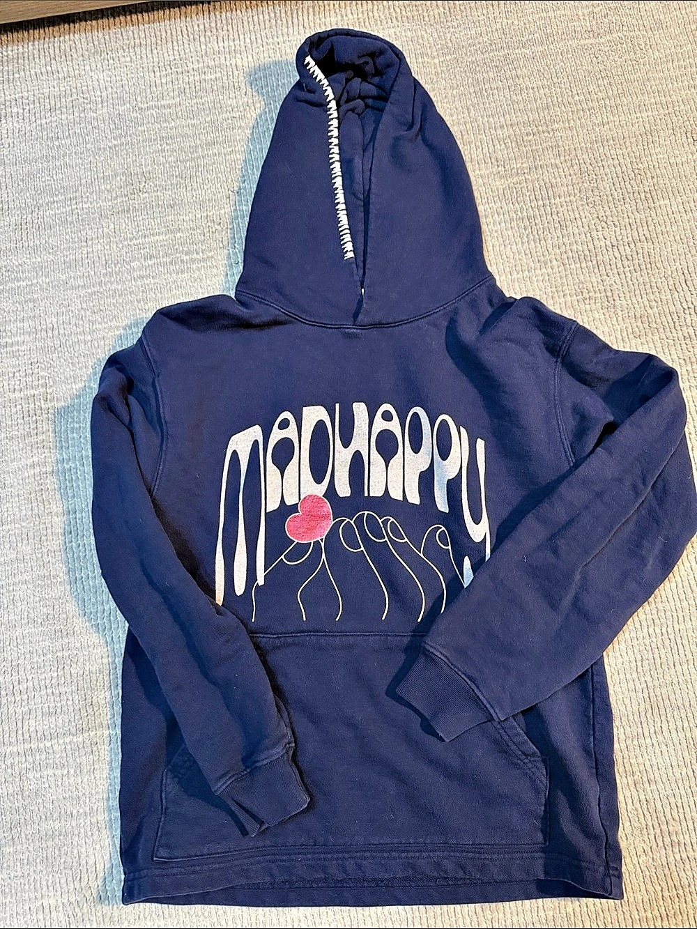 MadHappy Hand Heart Hoodie Graphic Pullover Blue Small